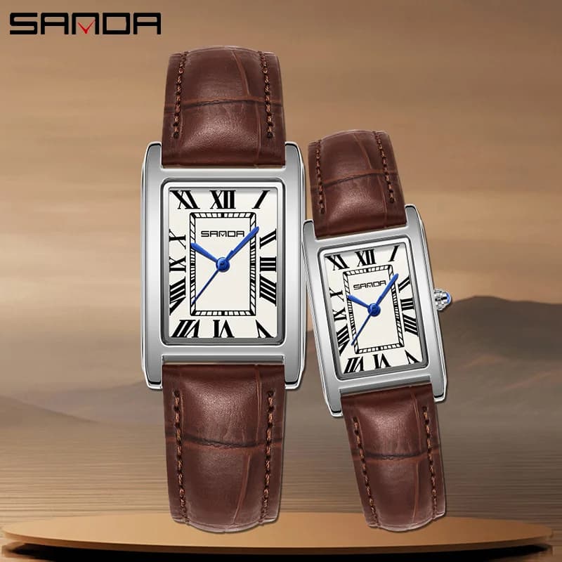 SANDA Leisure Leather Strap Men Women Couple Tank Watches Vintage Korean Roman Scale Square Temperament Quartz Wristwatch