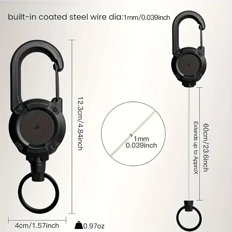 2Pcs Retractable Keychain with Steel Cable & Secure Clip-On Design Durable Black Outdoor Buckle for Camping Hiking Backpacking - 4
