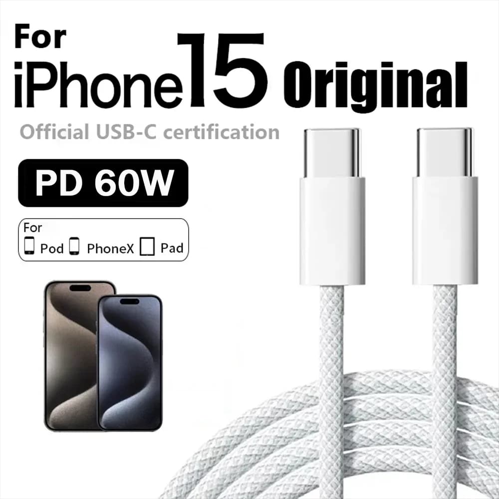 شاحن سريع أصلي PD 60 واط 6 أمبير USB C إلى كابل Type C لهاتف iPhone 15 16 17 Pro MAX شحن سريع لهاتف Samsung S26 كابل Xiaomi