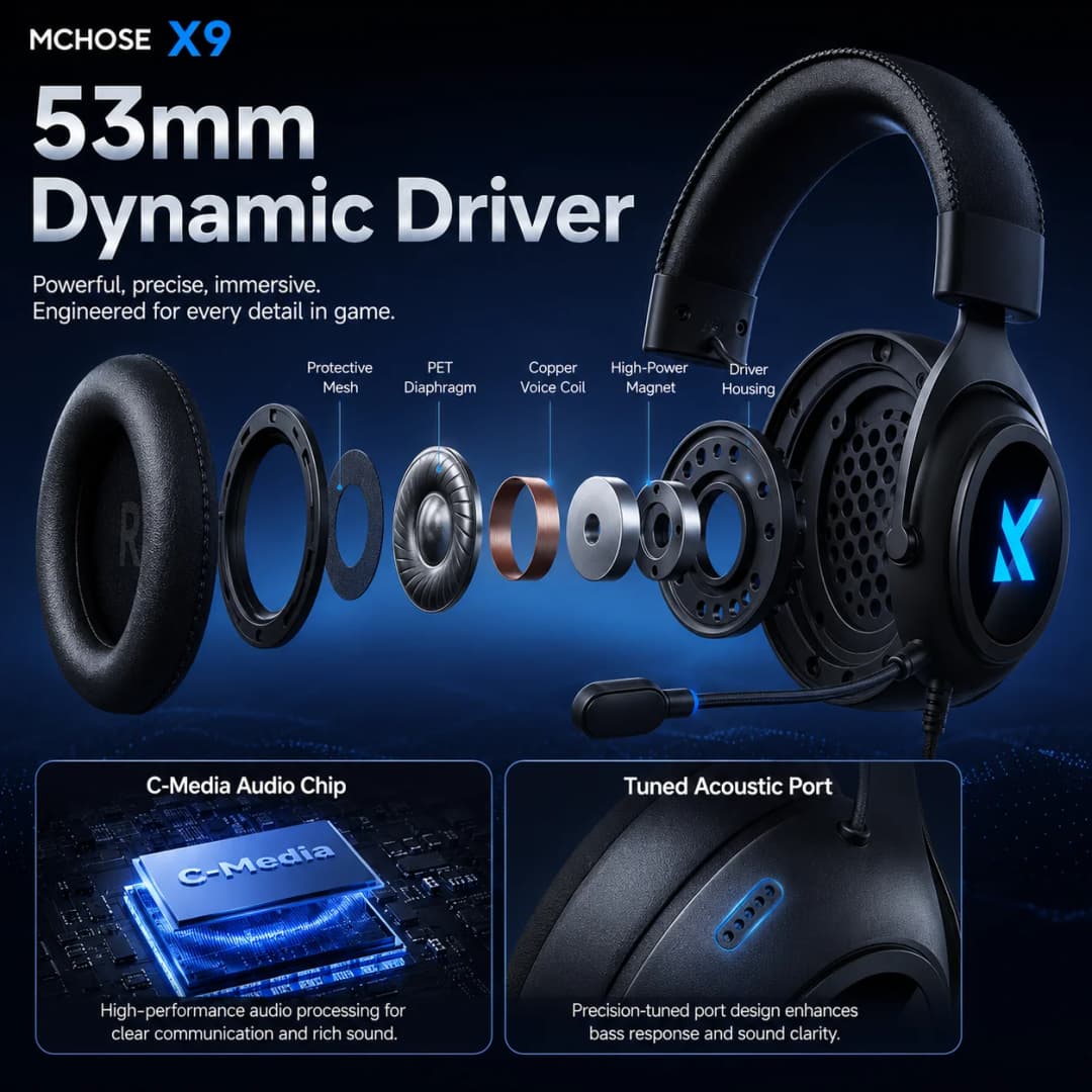 MCHOSE X9 Tri-Mode Wireless Gaming Headset, 7.1 Surround Sound Low Latency ANC Mic Over-Ear Headphones for PC - 3