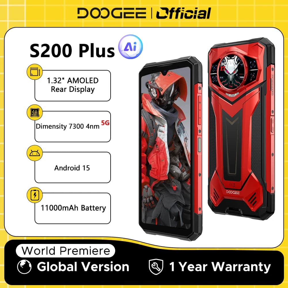 هاتف DOOGEE S200 بلس 5G المتين بشاشة خلفية 1.32 بوصة وصور ذكاء اصطناعي وشاشة 6.72 بوصة وذاكرة 16 جيجابايت و512 جيجابايت وبطارية 11000 مللي أمبير ونظام أندرويد 15