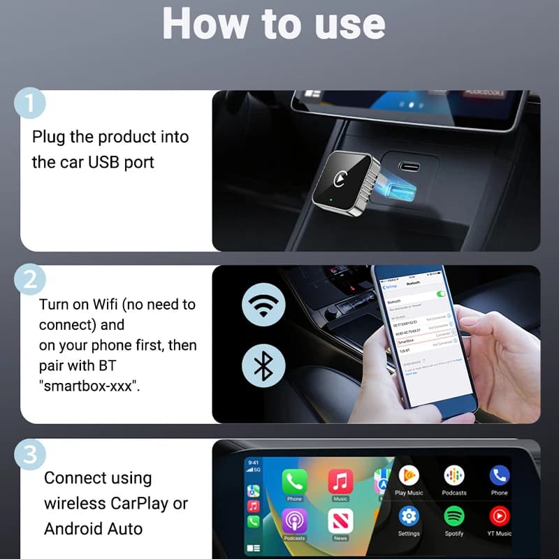 New 2in1 Mini Wireless CarPlay and Android Auto Adapter 5GHz WiFi, Type-C/USB Plug and Play Smart Box for Car Accessories Dongle - 2