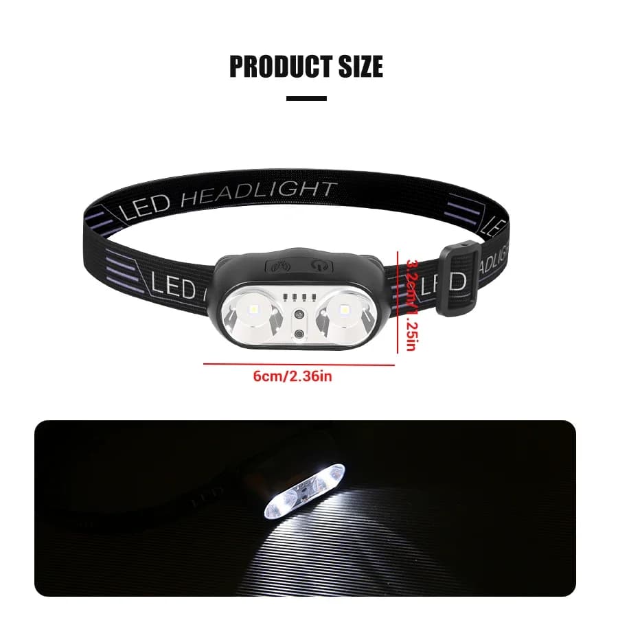 كشاف رأس قوي محمول LED مع مستشعر قابل لإعادة الشحن عبر USB كشاف رأس للتخييم والصيد وحالات الطوارئ - 6