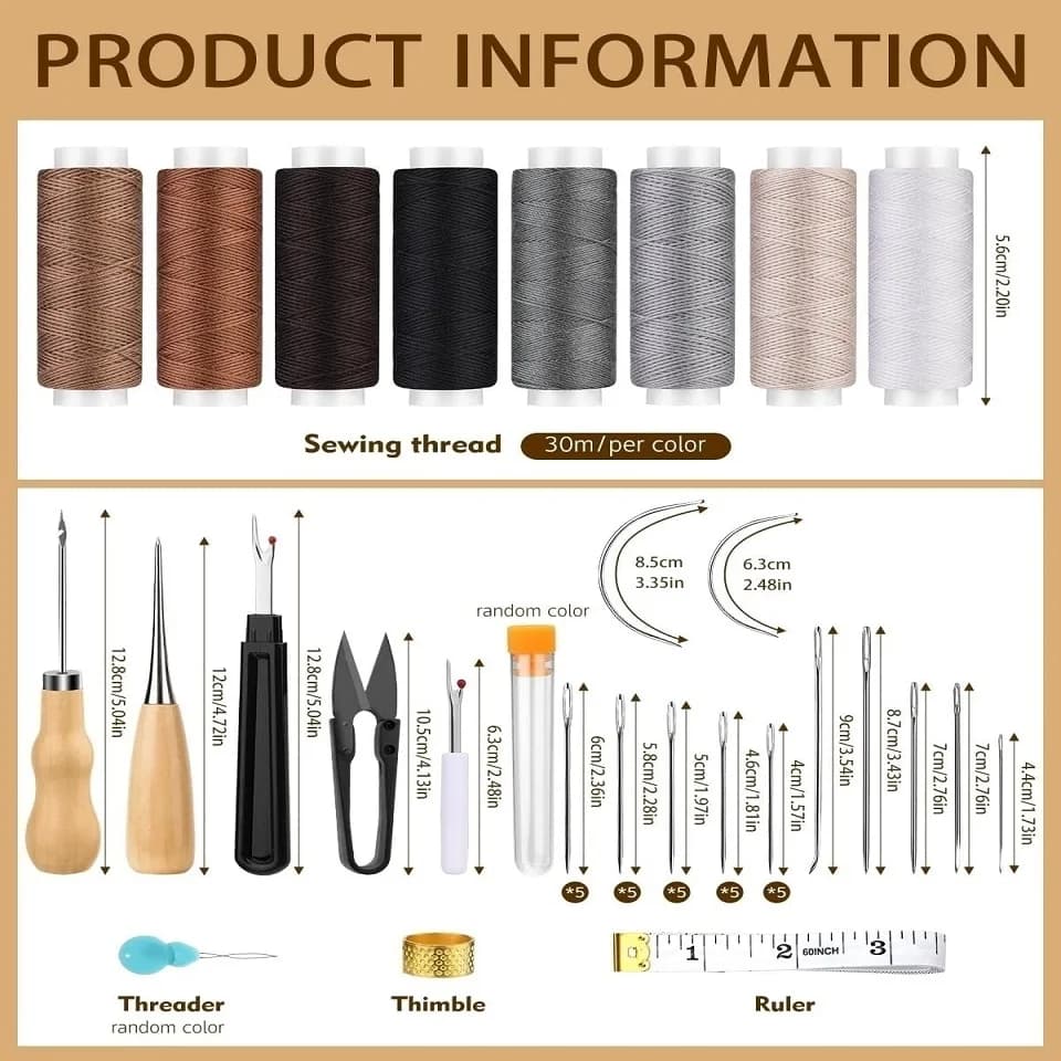 مجموعة أدوات خياطة جلدية من KRABALL مع إبر يدوية وخيط مشمع، مثالية لأريكة السيارة والأحذية والحقائب - 2