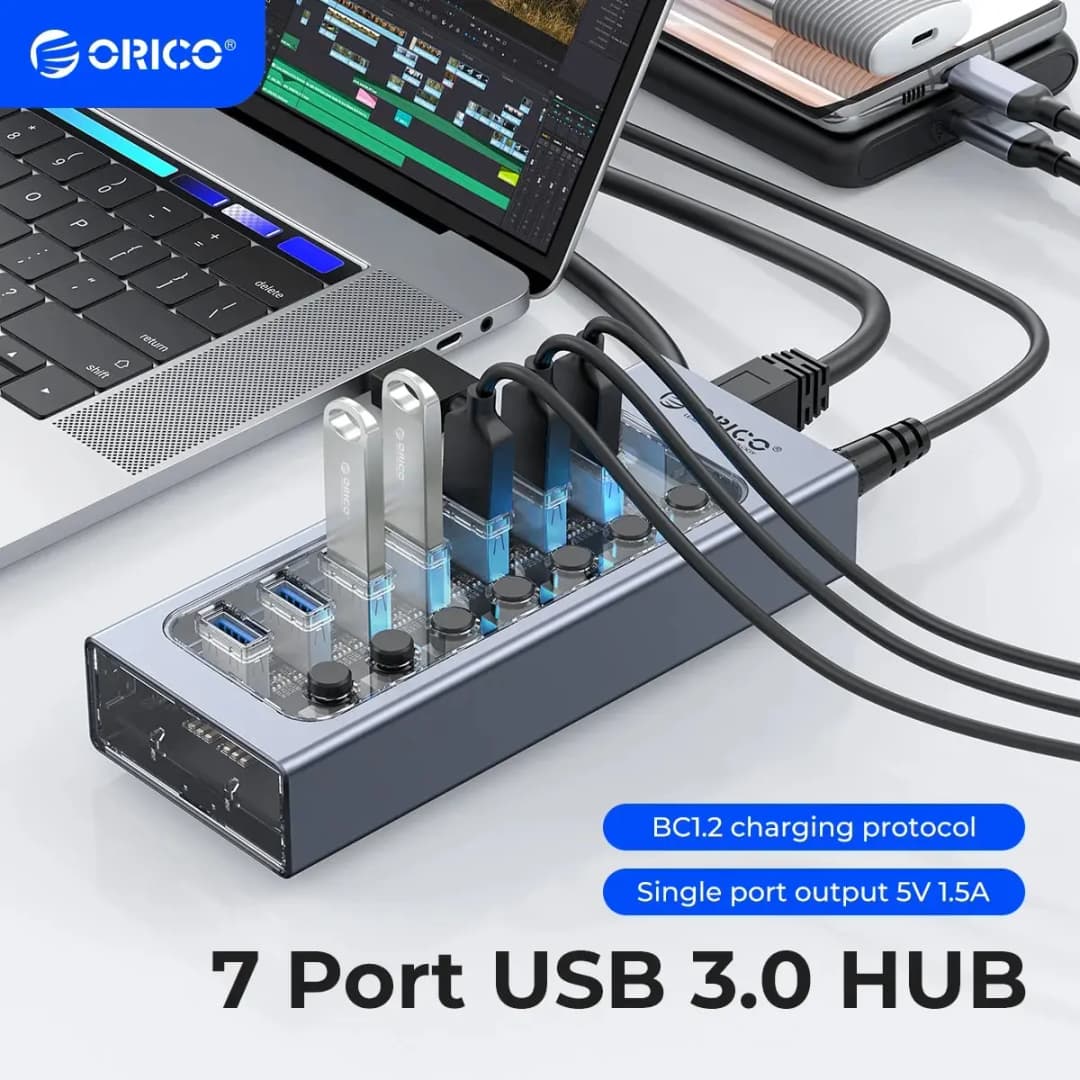 ORICO هاب USB3.0 من الألومنيوم الصناعي مقسم 7 منافذ مع محول طاقة 12 فولت لماك بوك والهواتف المحمولة والأجهزة اللوحية