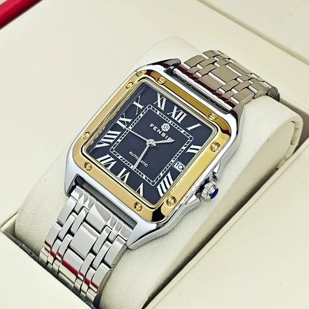 ساعة Santos Tank فاخرة للرجال، عرض التقويم، سوار من الفولاذ المقاوم للصدأ، ساعة رجالية مربعة صغيرة فاخرة، ساعة يد عصرية عملية متعددة الاستخدامات، أفضل هدية له - 5