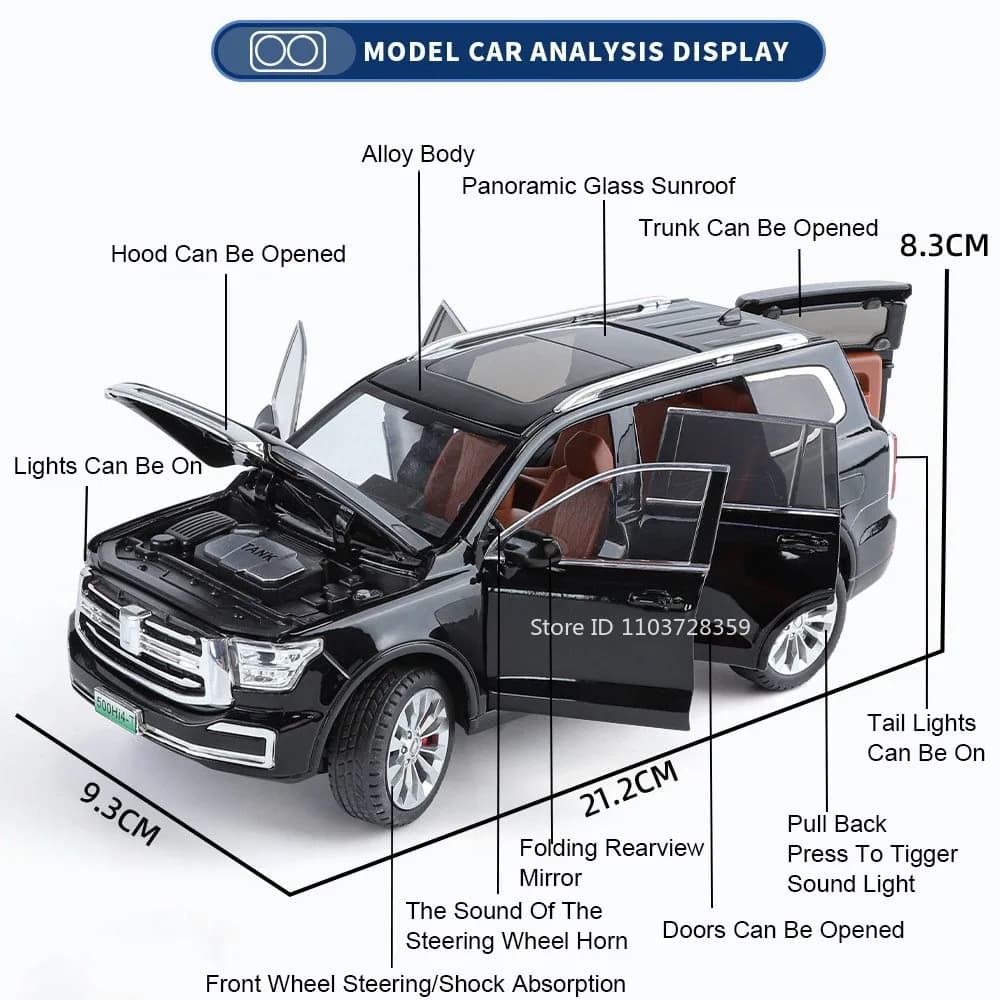 نموذج مصغر لسيارة TANK 500 300 مقياس 1:24 ألعاب سيارات سبائك مصبوبة مركبات طرق وعرة صوت وضوء أبواب مفتوحة سحب للخلف هدايا للأولاد - 2