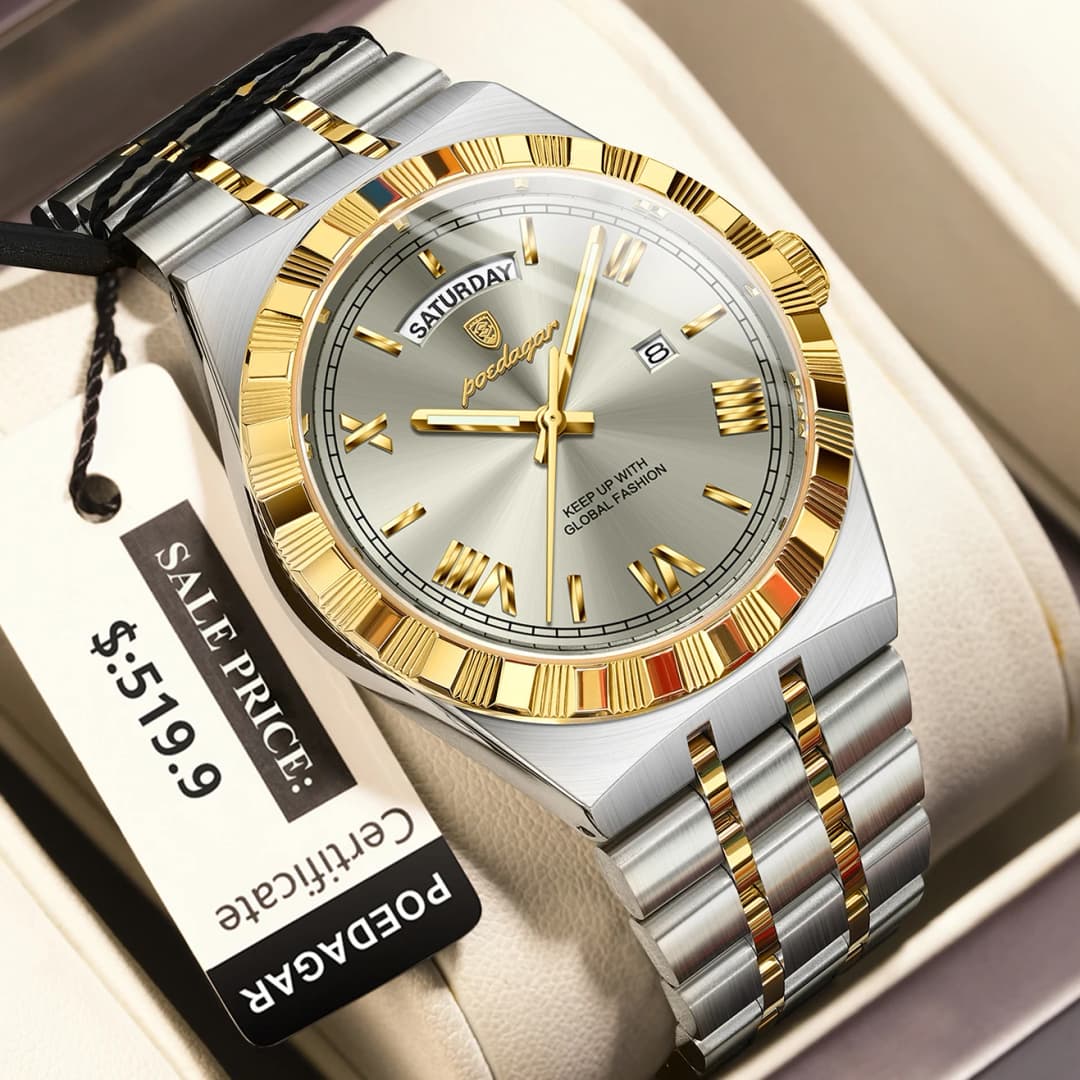 ساعة POEDAGAR فاخرة كلاسيكية للرجال تاريخ أسبوعي مقاومة للماء مضيئة ساعة يد من الفولاذ المقاوم للصدأ كوارتز - 2
