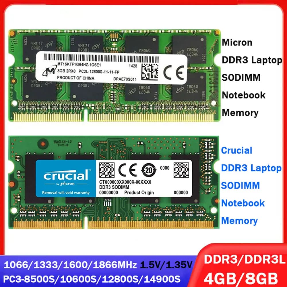 ذاكرة رام لابتوب كروشيال ميكرون DDR3 DDR3L بسعة 8 جيجابايت و4 جيجابايت بتردد 1066 و1333 و1600 و1866 ميجاهرتز SODIMM PC3L-12800S 14900 204Pin