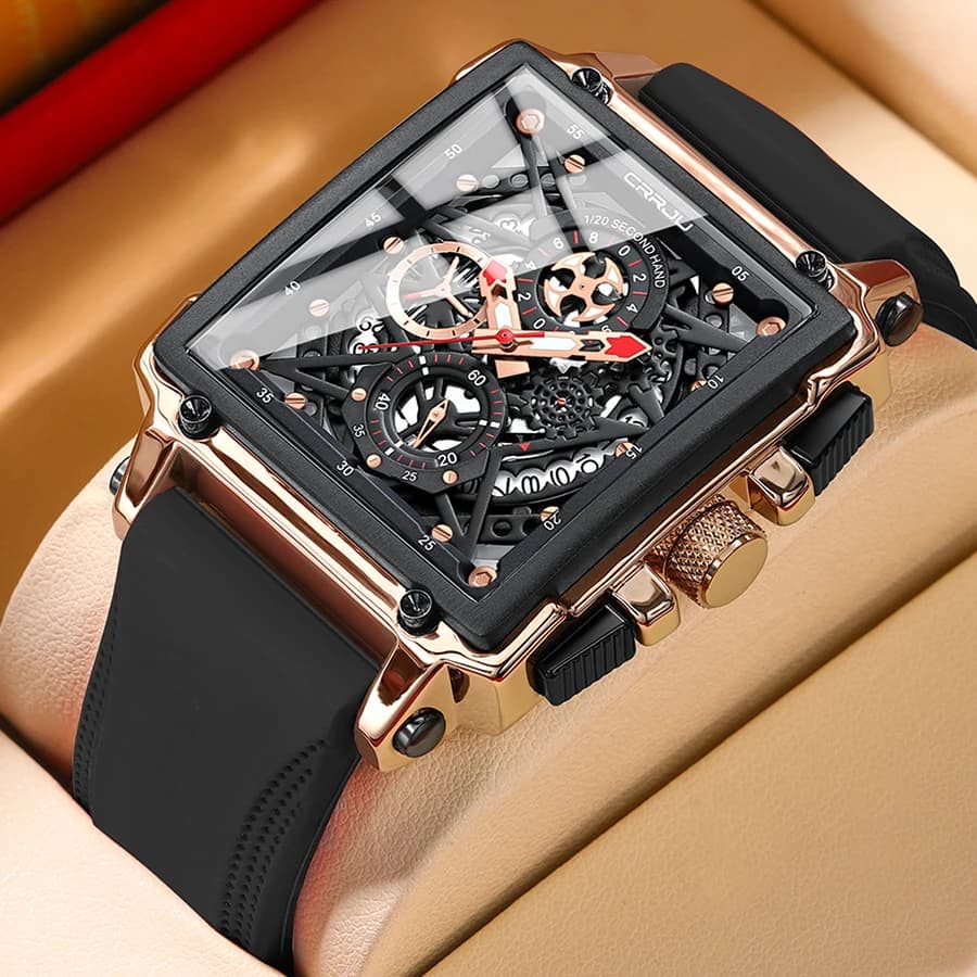 CRRJU ساعة معصم كرونوغراف رياضية للرجال حزام سيليكون عسكري ساعة إيقاف كوارتز مربعة ساعة رجالية