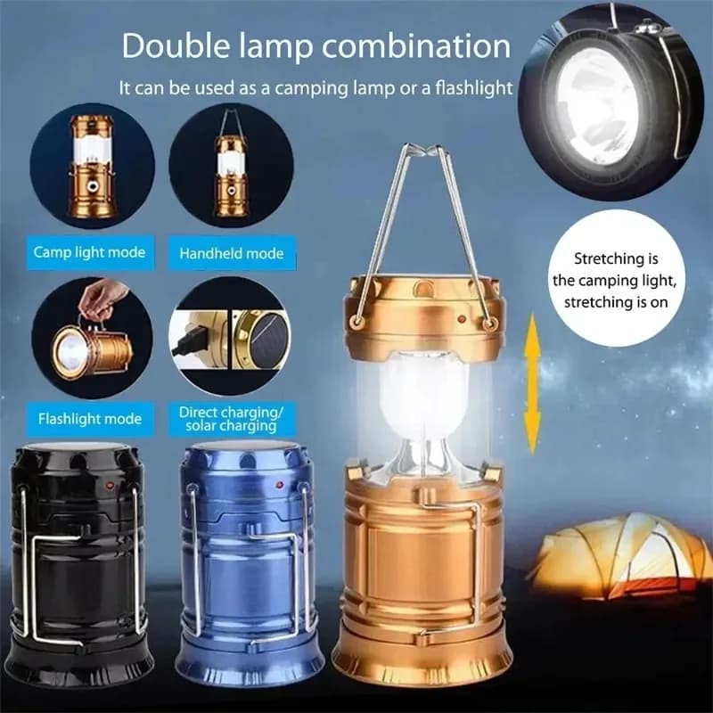 فانوس تخييم LED قوي يعمل بالطاقة الشمسية مصباح خيمة تخييم خارجي قابل للشحن عبر USB إضاءة طوارئ محمولة قابلة للتمديد والتعليق - 2