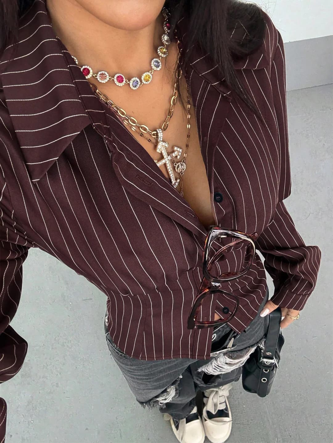 Spring and autumn new retro striped lapel button design slim fit blouse for women - 3