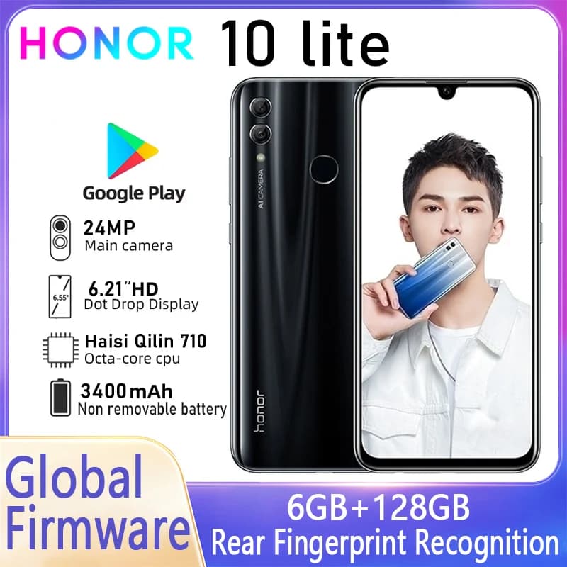 هاتف HONOR 10 لايت الذكي، برمجيات عالمية، ذاكرة وصول عشوائي 6 جيجابايت، ذاكرة قراءة فقط 128 جيجابايت، كاميرا 24 ميجابكسل، شاشة 6.21 بوصة، بطارية 3400 مللي أمبير في الساعة، هاتف مستعمل