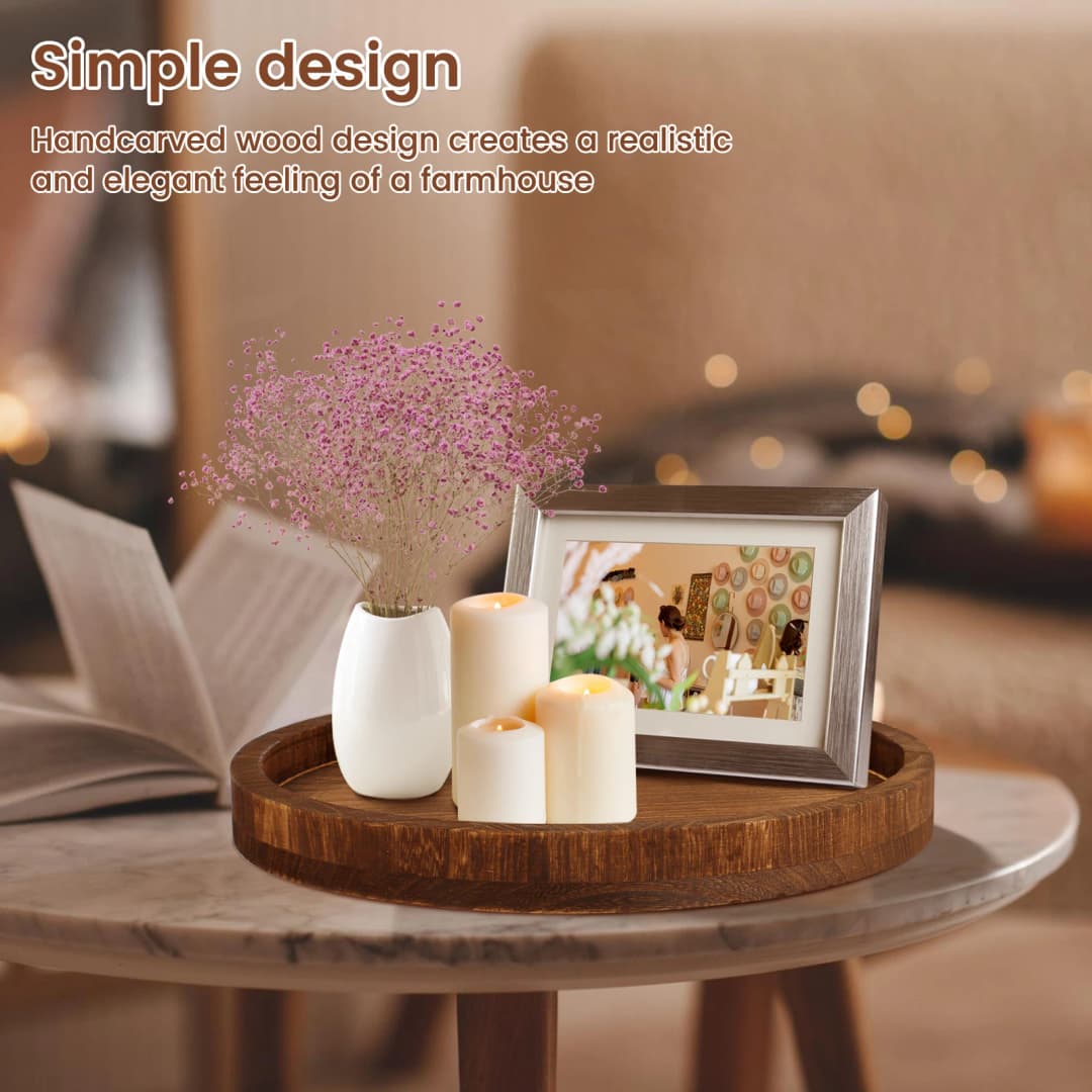 صينية خشبية دائرية بقطر 30 سم، صينية قهوة ووجبات ذات طابع ريترو، صينية تقديم متعددة الاستخدامات لحمل الشموع، ديكور منزلي - 3