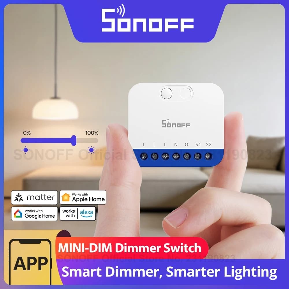 مفتاح دايمر ذكي SONOFF MINI-DIM عبر Wi-Fi، خافت الإضاءة بدون وميض، توافق واسع مع الإضاءة، مراقبة الطاقة