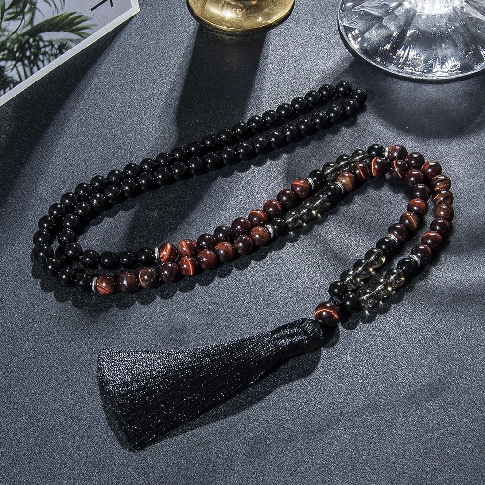 8mm Red Tiger Eye Black Onyx 108 Mala Beaded Necklace Yoga Prayer Meditation Rosary for Men and Women Japamala Jewelry Set - 4