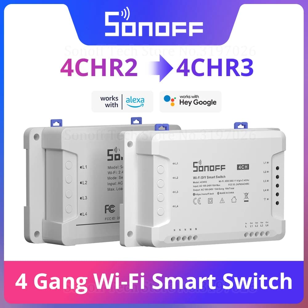 مفتاح واي فاي ذكي Sonoff 4CHR3 4 قنوات تحكم عن بعد في الإضاءة للمنزل الذكي يعمل مع Alexa Google Home تطبيق eWeLink