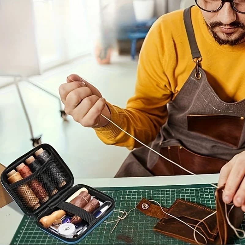 مجموعة خياطة الجلود، مجموعة إصلاح الجلود مع إبر ذات عيون كبيرة وخيط مشمع، أدوات عمل الجلود للتنجيد، حرفة يدوية - 3