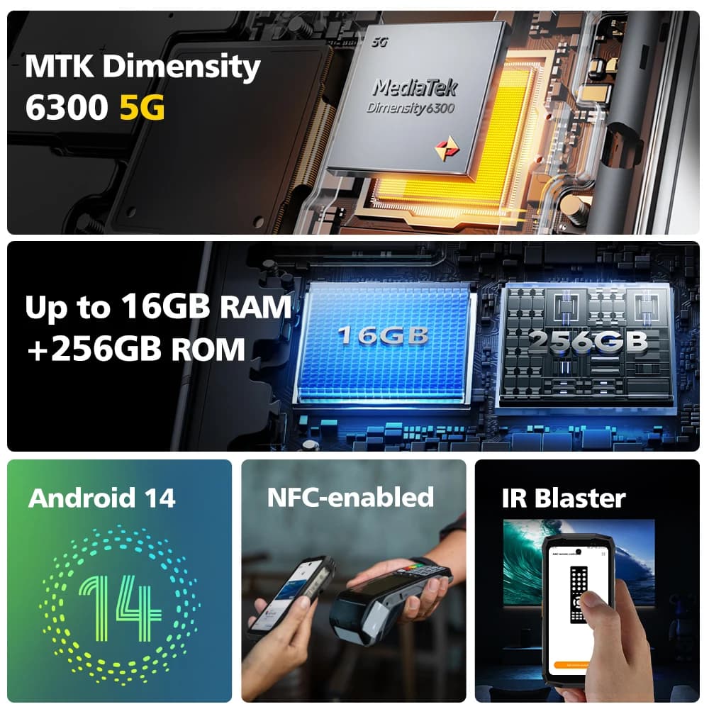 هاتف Ulefone Armor Mini 20 Pro 5G متين بشاشة 4.7 بوصة وكاميرا ليلية 64 ميجابكسل ونظام أندرويد 14 وبطارية 6200 مللي أمبير وذاكرة 16 جيجابايت + 256 جيجابايت مع إضاءة LED - 6