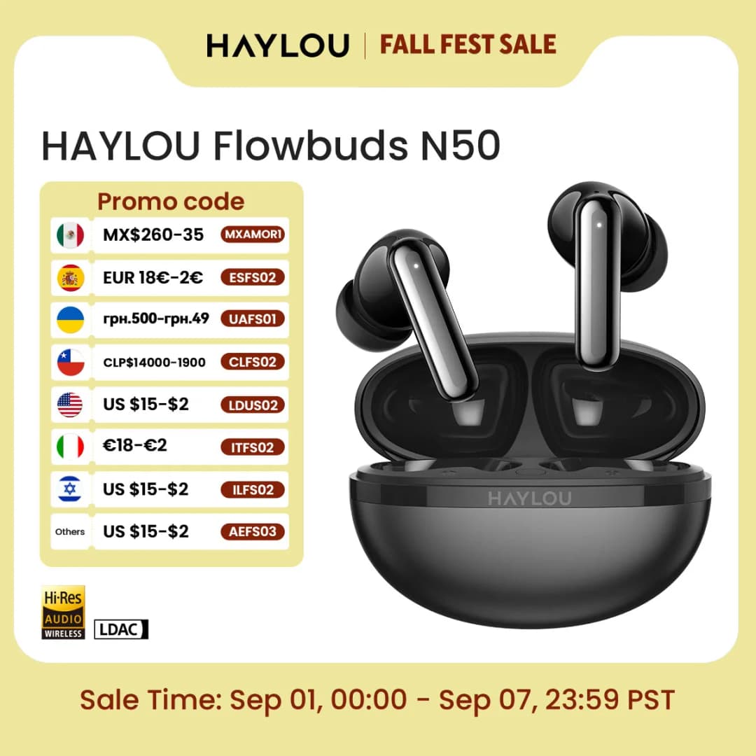 HAYLOU Flowbuds N50 ANC Bluetooth 6.0 Wireless Earphones Active Noise Cancellation 6 Mics AI Claer Call Earbuds 32H Playtime