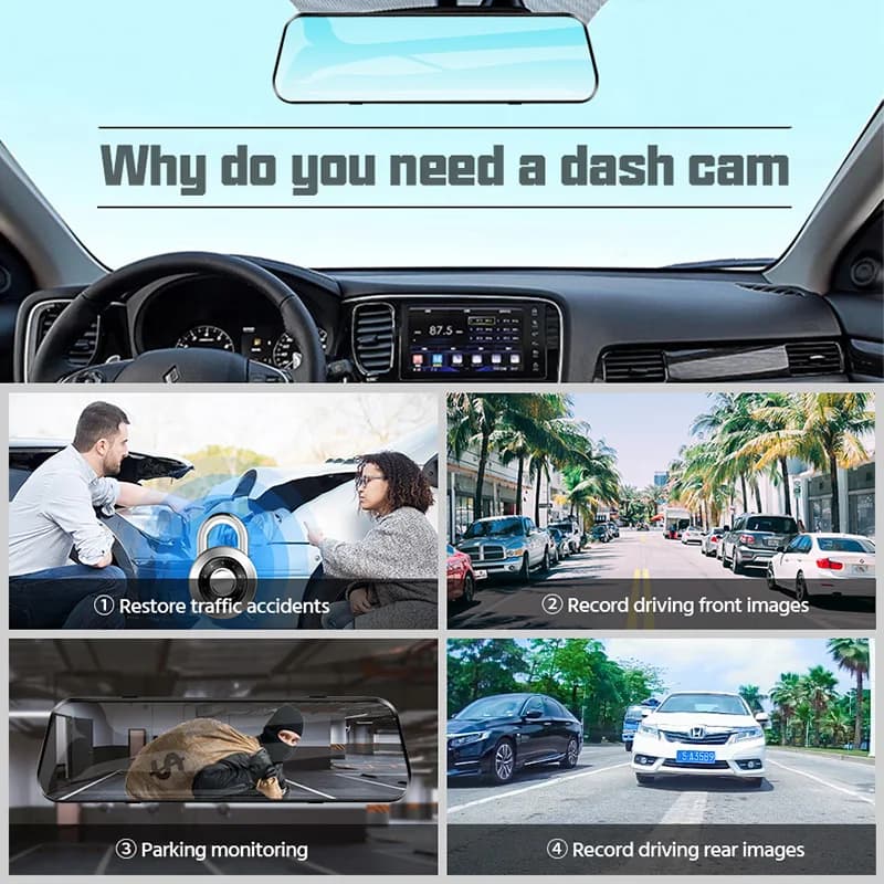 10 Inch Car DVR Car Touch Screen Video Recorder Dual 1080P Rearview Mirror Front and Rear HD Night Vision Camera Mirror - 3
