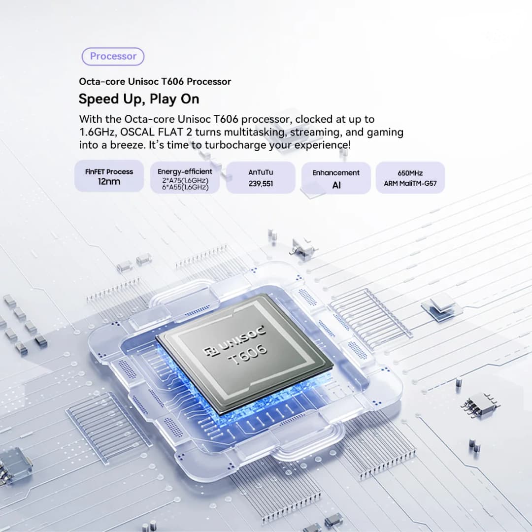 هاتف Blackview OSCAL FLAT 2 الذكي، شاشة 6.6 بوصة HD+، معالج T606 ثماني النواة، بطارية 5000 مللي أمبير، ذاكرة رام 4 جيجابايت، ذاكرة داخلية 256 جيجابايت، كاميرا 13 ميجابكسل، نظام أندرويد 14 - 5