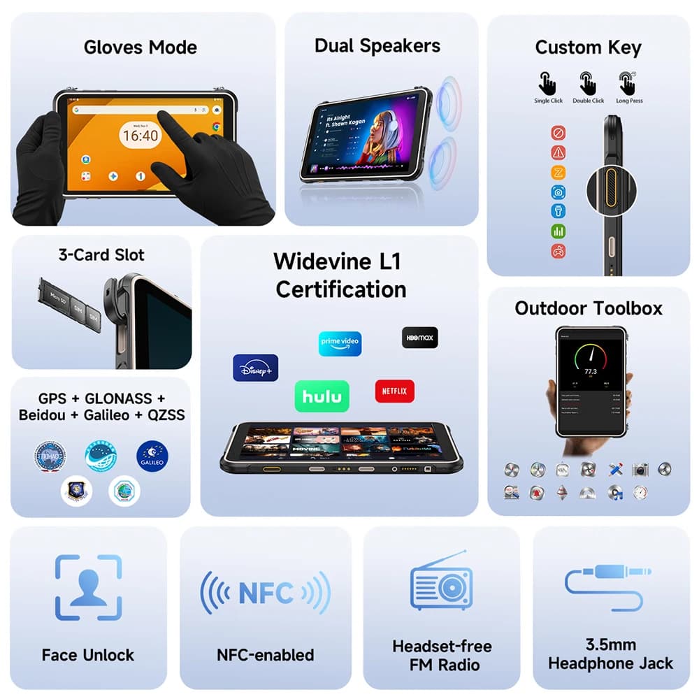 جهاز Ulefone RugKing Pad Pro اللوحي المتين 4G بشاشة 8.68 بوصة و90 هرتز وبطارية 7100 مللي أمبير بنظام أندرويد 16 وذاكرة تصل إلى 16 جيجابايت وسعة تخزين 128 جيجابايت، نسخة عالمية - 4