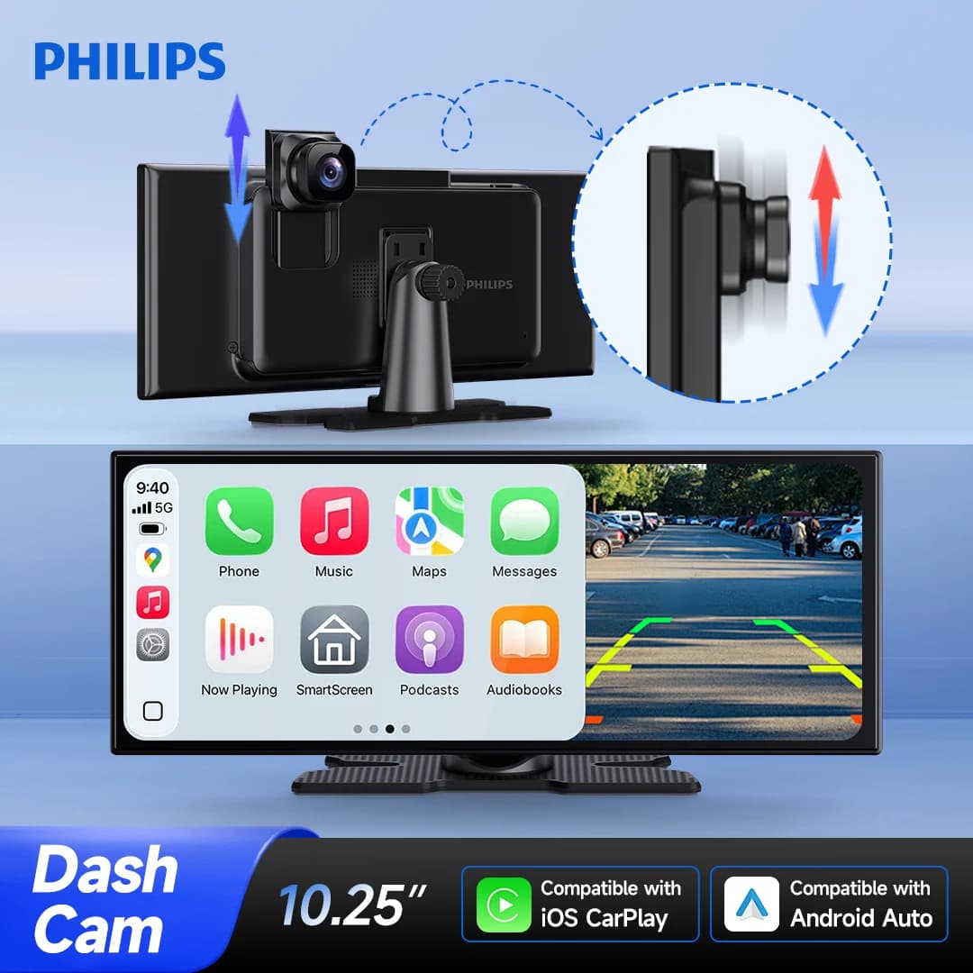 Philips 10.25-inch Smart Dash Cam Compatible with ISO Wireless CarPlay and Android Auto, Loop Recording, Built-in Speaker - 2