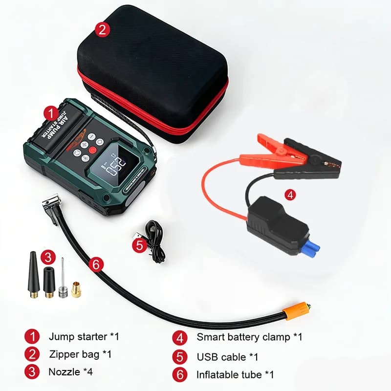 منفاخ سيارة 21800mAh، بنك طاقة محمول، مضخة هواء 150PSI، جهاز بدء تشغيل الطوارئ للسيارة 2026 - 4