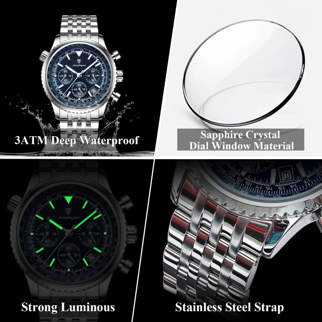 POEDAGAR Luxury Sport Man Watch Chronograph Date Waterproof Luminous Men's Quartz Watches Stainless Steel Fashion Men Wristwatch - 4
