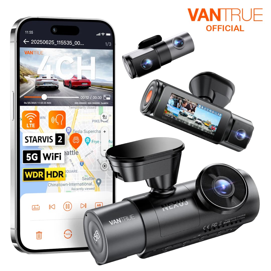 Vantrue N5S DashCam 4 قنوات WiFi 360 درجة STARVIS 2 IR للرؤية الليلية 2.7K + 1080P * 2 + 1440P LTE يدعم وضع وقوف السيارات على مدار 24 ساعة