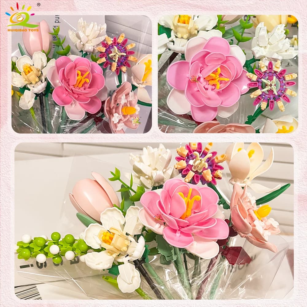 HUIQIBAO MOC Flower Bouquet Model Micro Building Block DIY Rose Eternal Home Desk Plant Decoration Brick Girl Gift Children Toy - 4