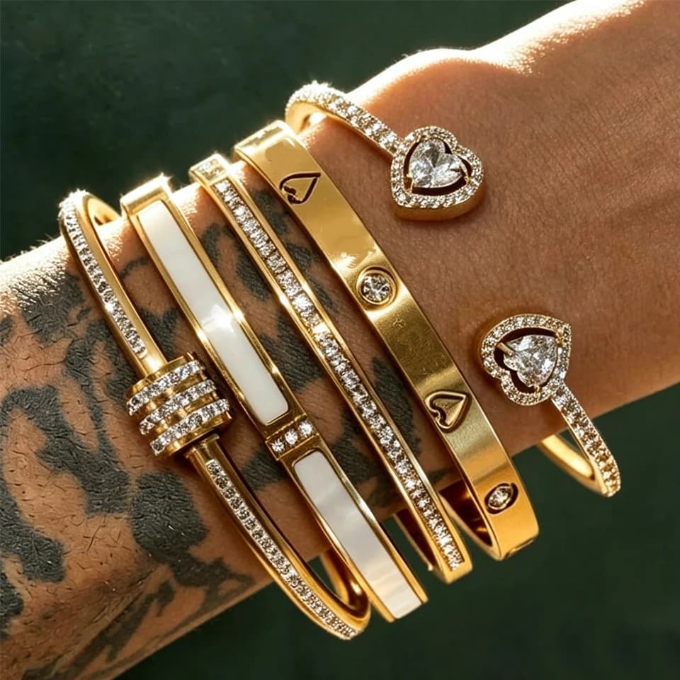 Yupsk 1/3pcs 18K Gold Plated Stainless Steel Heart Bracelet Set Fashion Zirconia Open Bangle Women's Bracelet Set For Daily Wear - 2