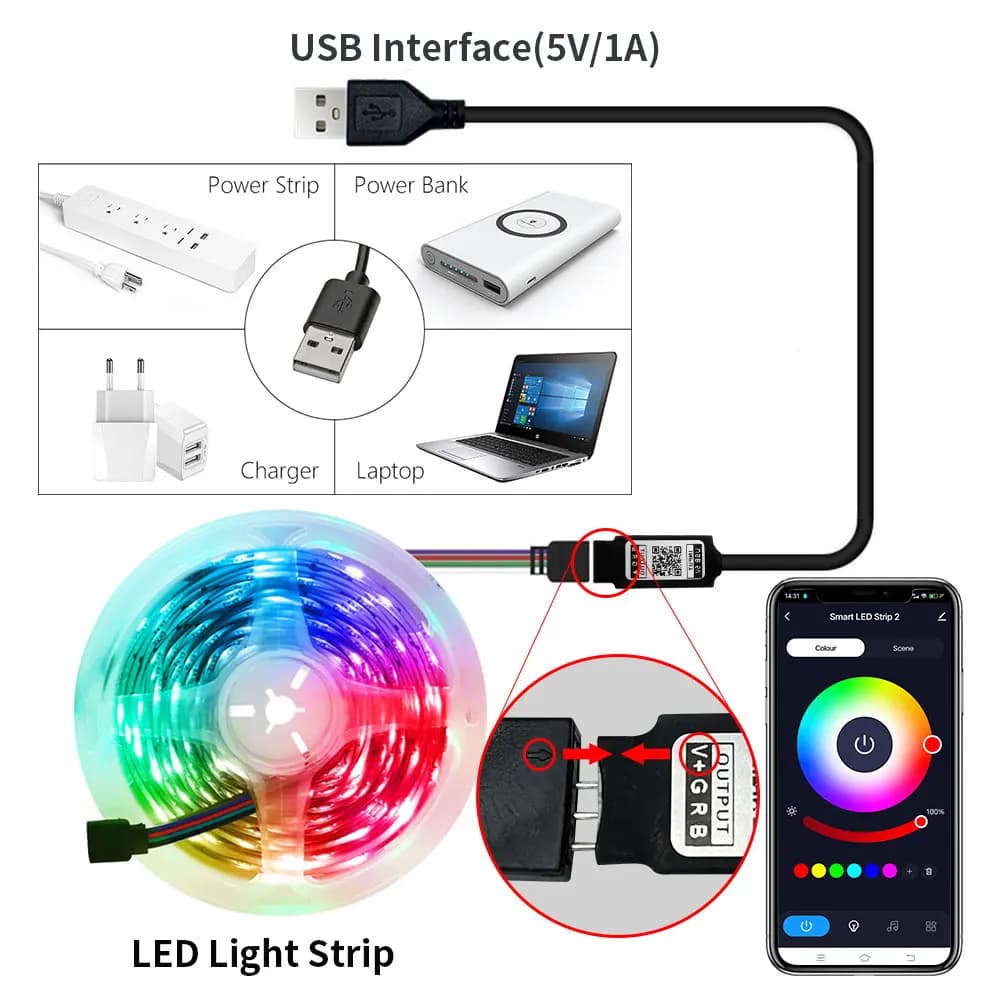 أضواء شريط ليد ذكية من تيا بلوتوث RGB 2835 5V USB تحكم بتطبيق لايف الذكي لشاشة المكتب والتلفزيون إضاءة خلفية شريط دايود مرن - 3