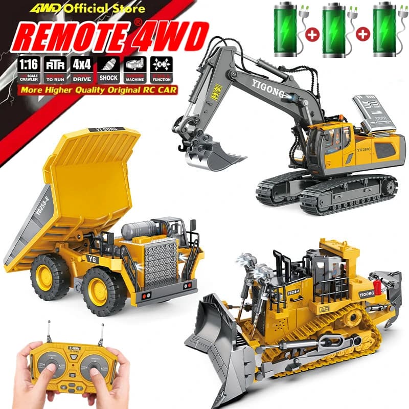 حفارة تحكم عن بعد 4WD 4x4 شاحنة قلابة من السبائك بلدوزر نموذج راديو سيارة RC مركبة بناء مع أضواء صوت لعبة هدية