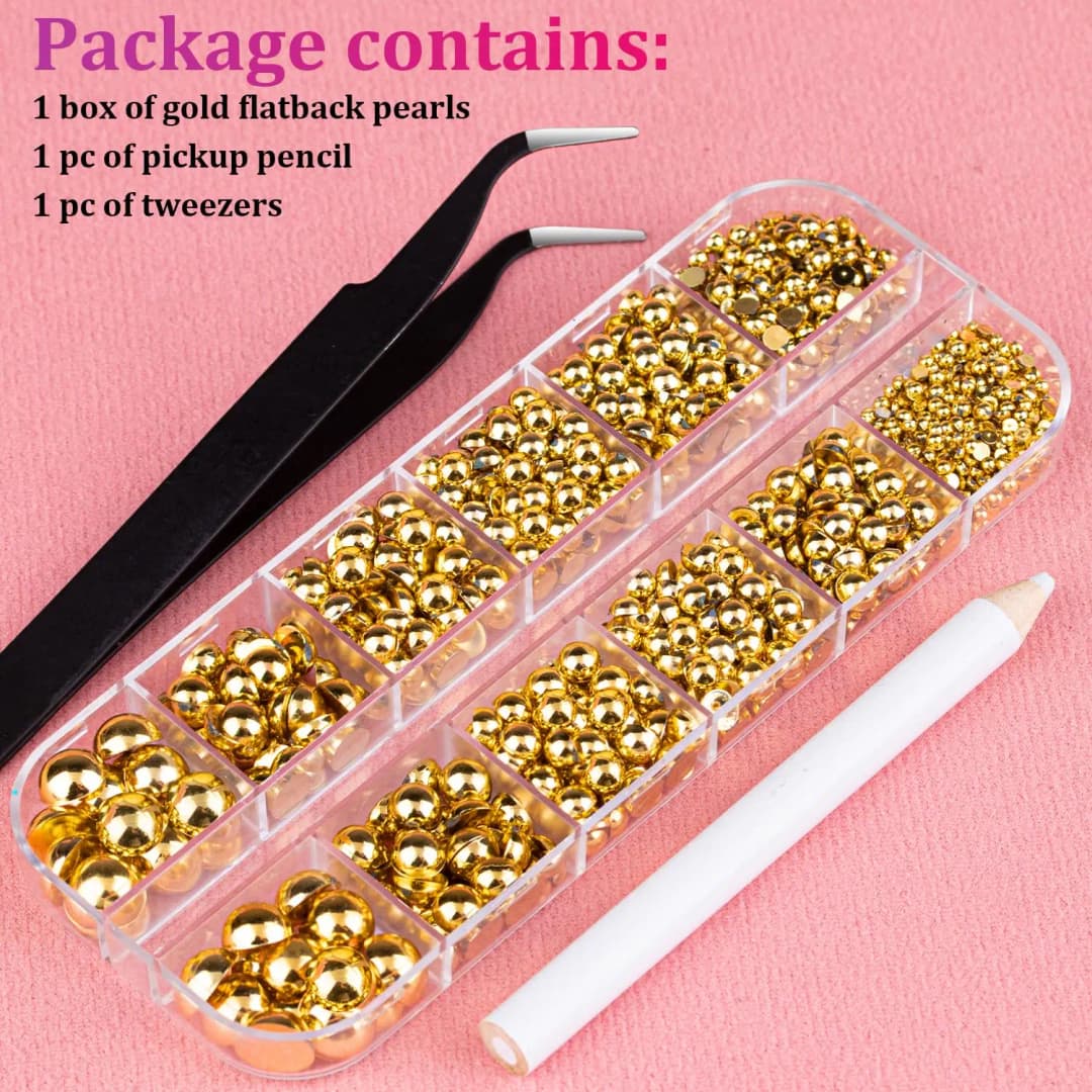 3Pcs/Set Gold Half Round Flatback Pearl Nail Charms - 12Grids Pearls Rhinestone Kits with Pickup Pencil & Tweezer Nail Art Tools - 3