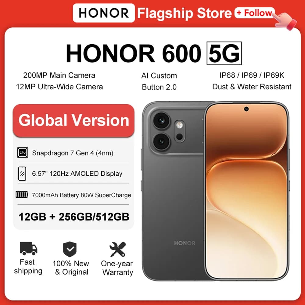 هاتف HONOR 600 5G نسخة عالمية، بطارية 7000mAh، شحن سريع 80W، كاميرا رئيسية 200MP، شاشة 6.57 بوصة AMOLED، نظام MagicOS 10، معالج Snapdragon 7 Gen 4، NFC - 2