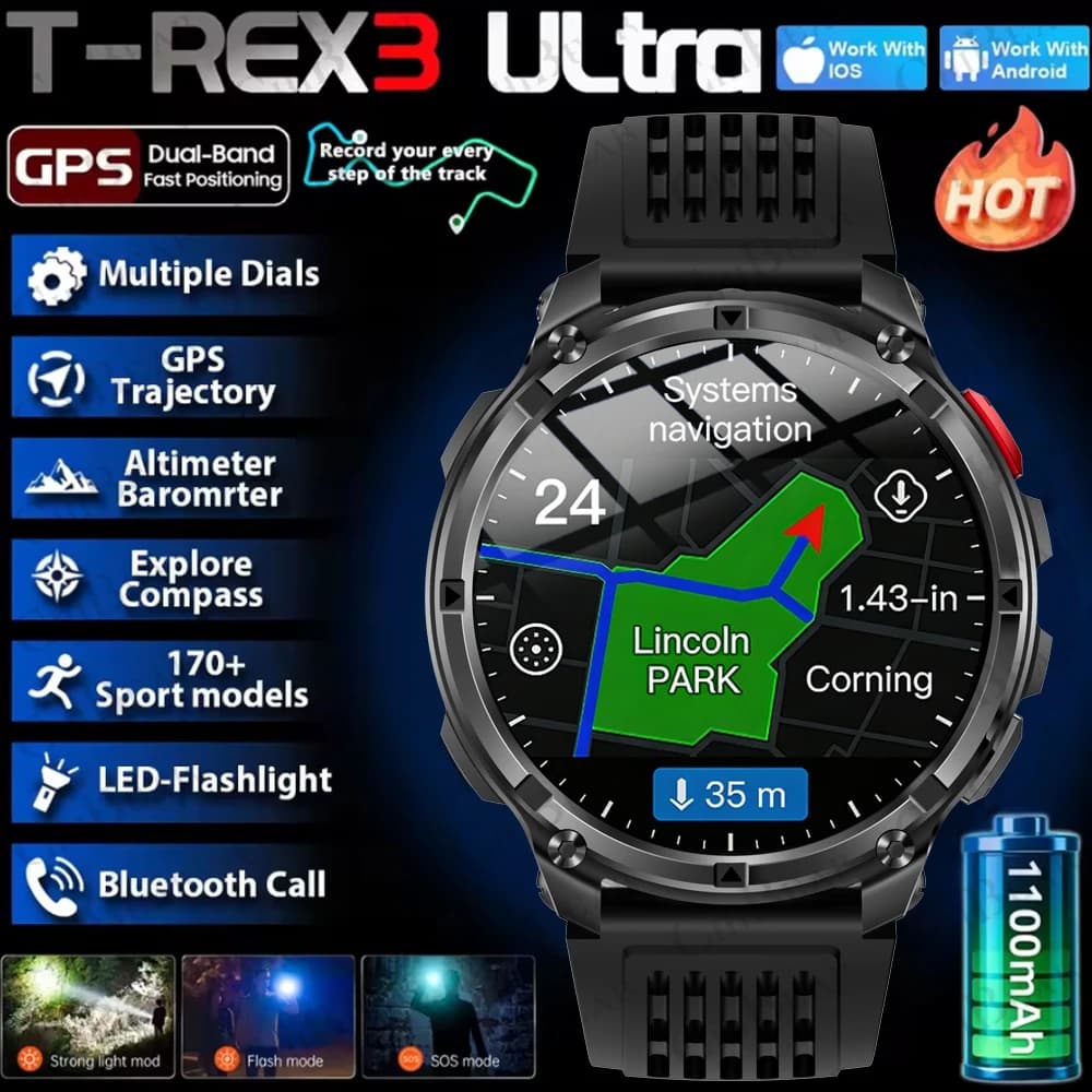 ساعة ذكية جديدة T-Rex3 Pro ببطارية 1100mAh، نظام تحديد المواقع GPS، مقاومة للماء حتى 5ATM، تتبع الرياضة والجري، بوصلة خارجية، ساعة عسكرية ذكية