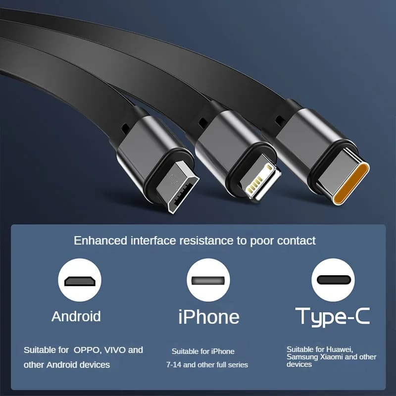 3 in 1 Multi Retractable USB Phone 100W Fast Charging and Data Cable for Lightning/Android/Type-C Devices - 5