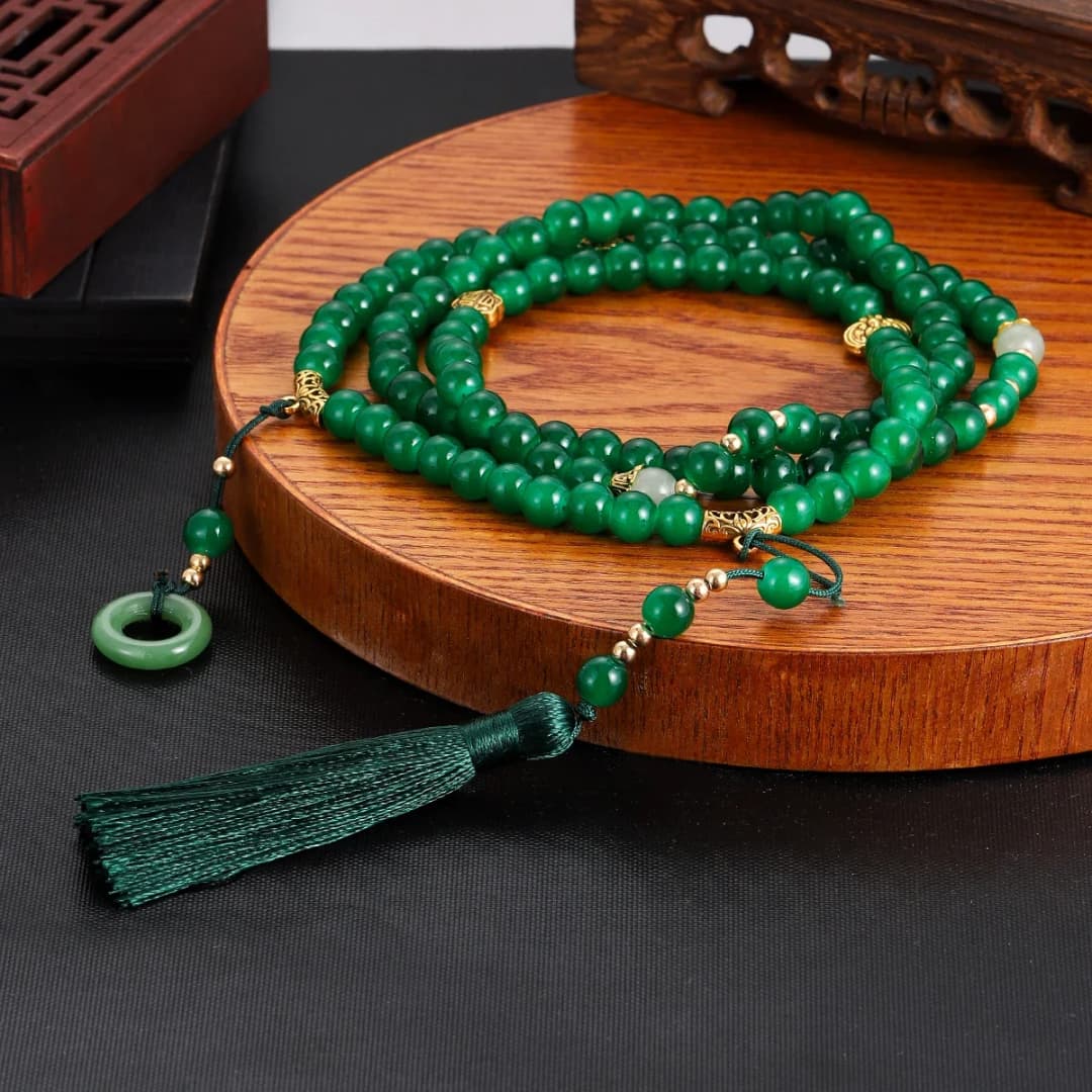 New 108 Beads Natural Stone Prayer Necklace Women Men Buddhist Buddha Meditation Green Crystal Necklace Long Tassel Chokers Gift - 2