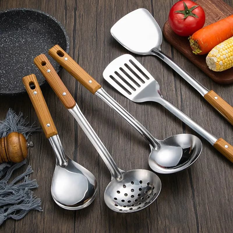 1pc Stainless Steel Imitation Wood Grain Handle Spatula Leaky Shovel Spoon 5 Tools for Kitchen Light for Cooking Kitchen Tools - 3