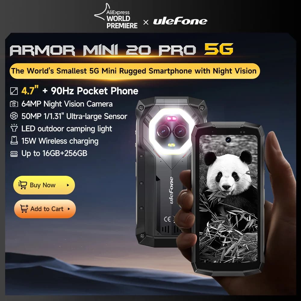 هاتف Ulefone Armor Mini 20 Pro 5G متين بشاشة 4.7 بوصة وكاميرا ليلية 64 ميجابكسل ونظام أندرويد 14 وبطارية 6200 مللي أمبير وذاكرة 16 جيجابايت + 256 جيجابايت مع إضاءة LED