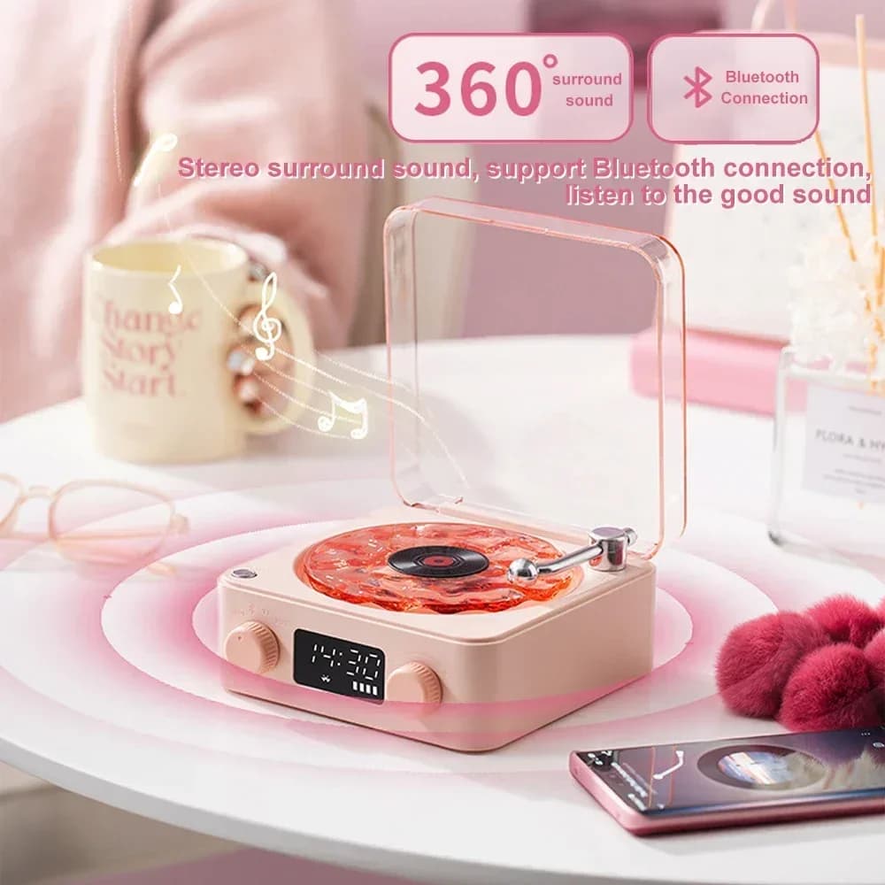 مشغل فينيل Waves سماعة بلوتوث مع ضوضاء بيضاء سماعة منضدة ريترو مساعدة على النوم سماعة على شكل Vitrola مع إضاءة RGB