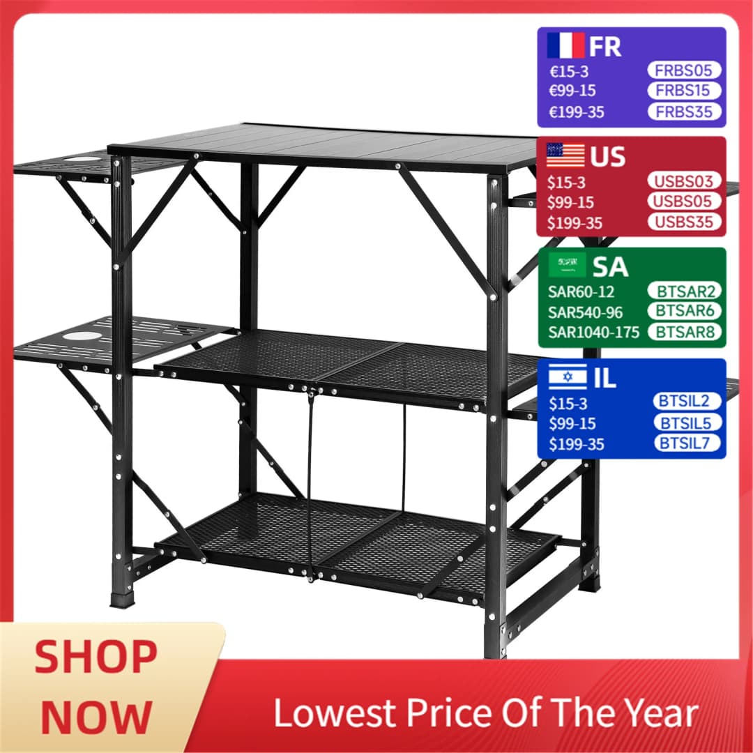 VEVOR Camping Kitchen Table One-piece Folding Portable Cook Station with a Carrying Bag Aluminum Camping Table 4 Iron Side Table