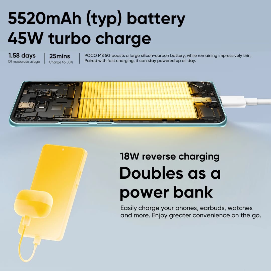 هاتف POCO M8 العالمي الأحدث 2026 بشبكة 5G ومعالج Snapdragon 6 Gen 3 وشاشة Flow AMOLED مقاس 6.77 بوصة وكاميرا 50 ميجابكسل وبطارية 5520 مللي أمبير وشحن 45 واط - 3