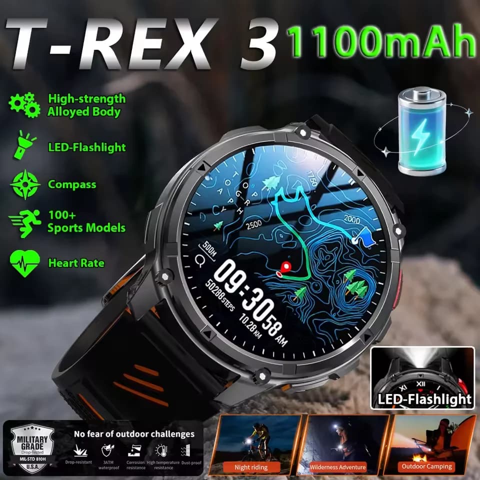 جديد T-REX3 Ultra بطارية 1100mAh ساعة ذكية مقاومة للماء 10ATM مع GPS وبوصلة ومصباح يدوي وشاشة 1.7" AMOLED HD ومكالمات للرياضيين الرجال