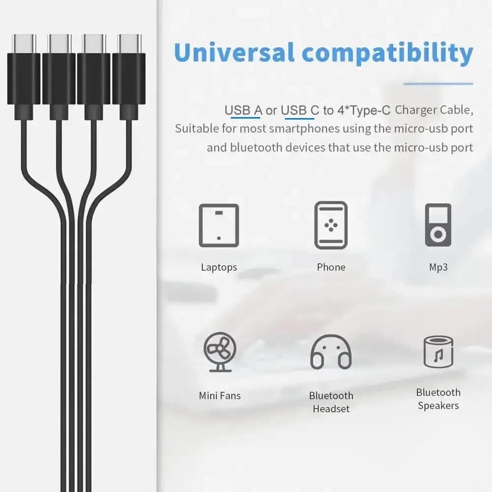 كابل شحن متعدد مقسم USB C، سلك شحن USB A/C إلى النوع C، مع 4 موصلات من النوع C للهواتف المحمولة والأجهزة اللوحية والمزيد - 4