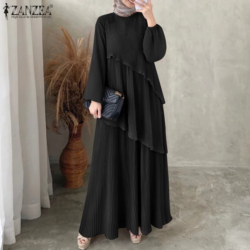 ZANZEA Patchwork Lantern Sleeve Abaya Robes Women Plisse Layered Elegant Maxi Dress Muslim Fashion Islamic Hijab Pleated Dress - 5