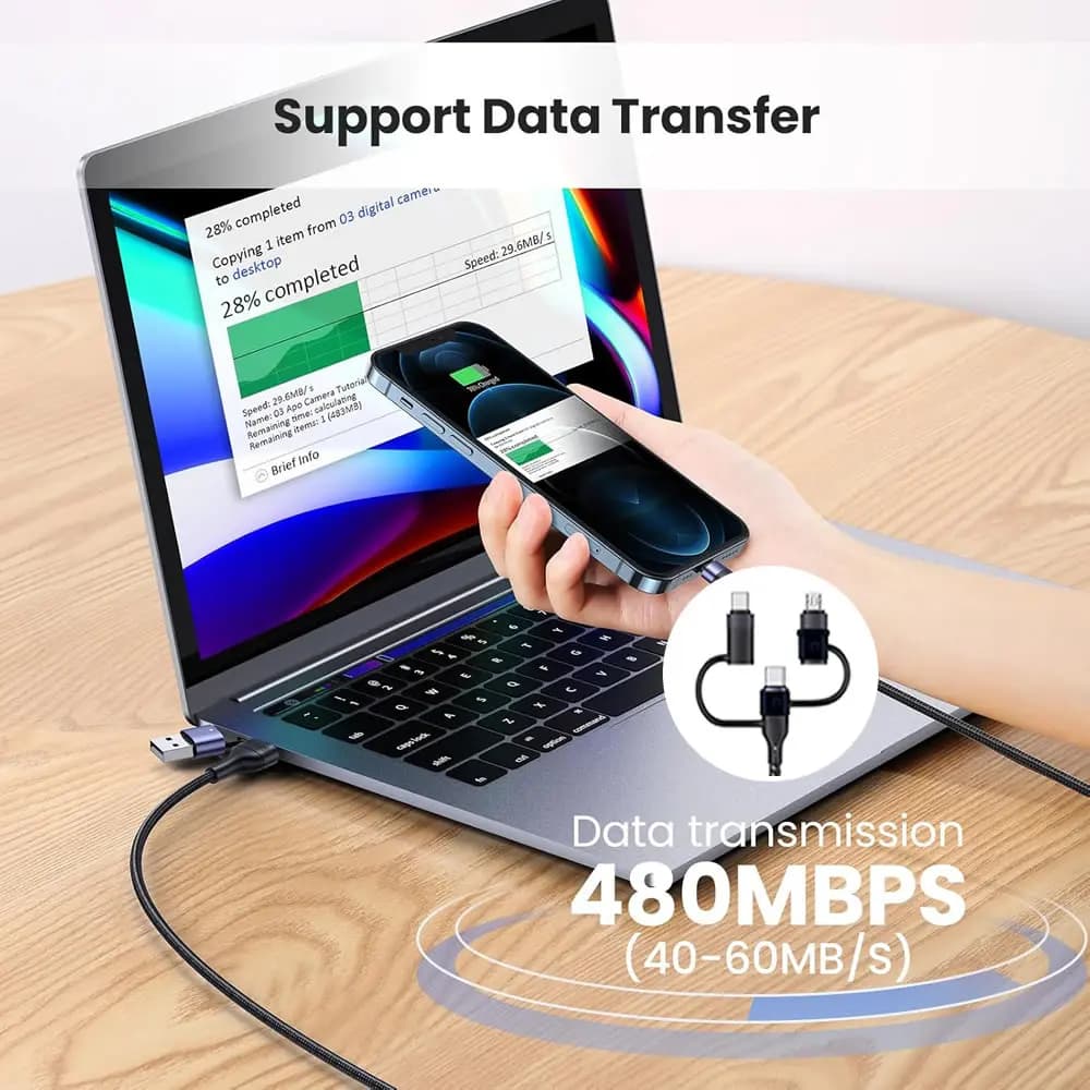 كابل بيانات متعدد USB C، 5 في 1، شحن سريع PD 60 واط، متوافق مع آيفون 16، 15، 14 ماكس، ماك بوك، سامسونج، Type C/Micro USB - 4