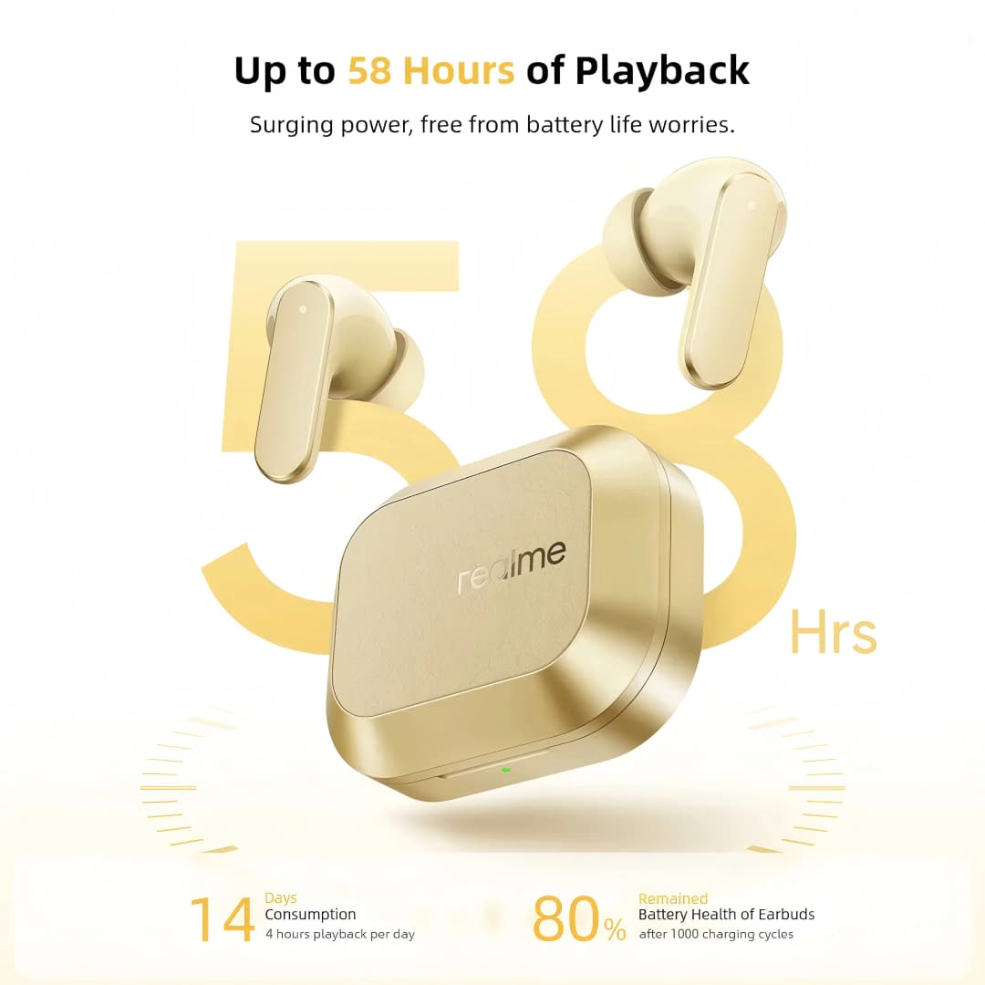 سماعات realme Buds Air8 TWS اللاسلكية 11+6 ملم مشغلات ثنائية رئيسية إلغاء ضوضاء 55dB حتى 58 ساعة تشغيل IP55 بلوتوث 5.4 - 5